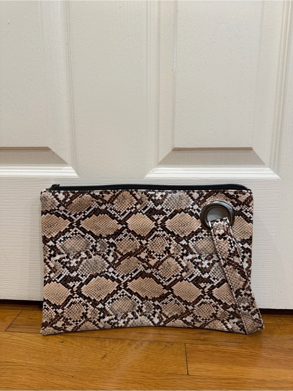Snake Print Zip Clutch Wristlet in Neutral Tones